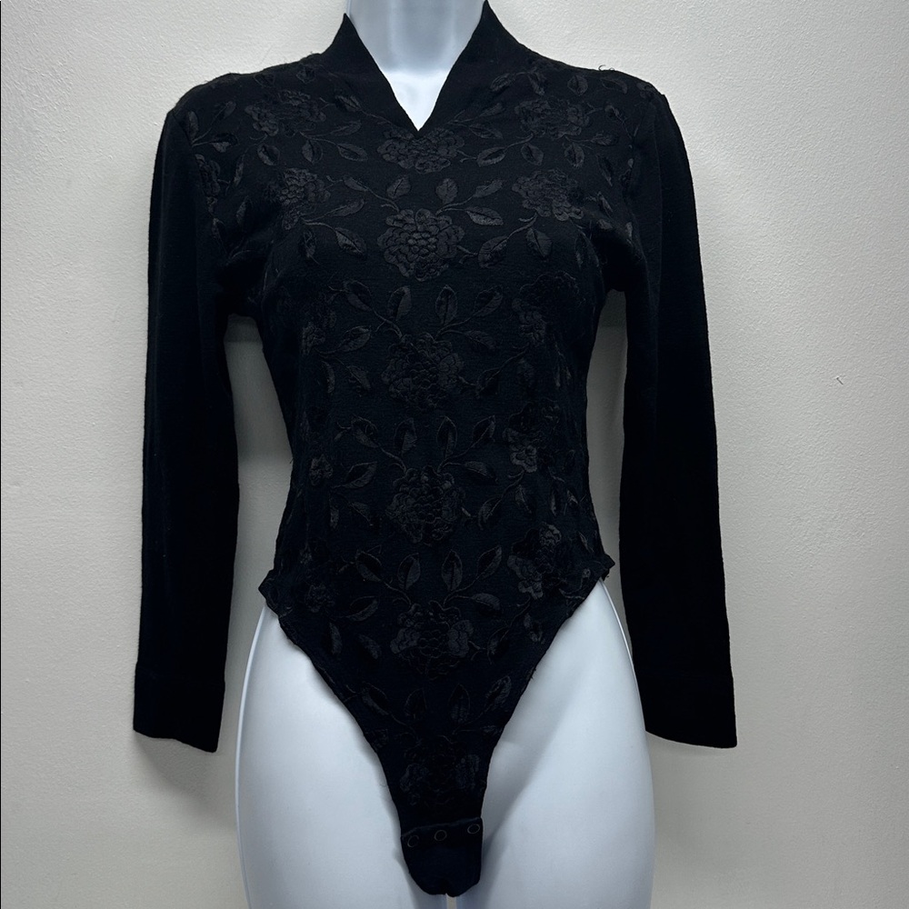 La Perla Tricot Thong Bodysuit Long Sleeve Stretch Floral Knit Black US Medium